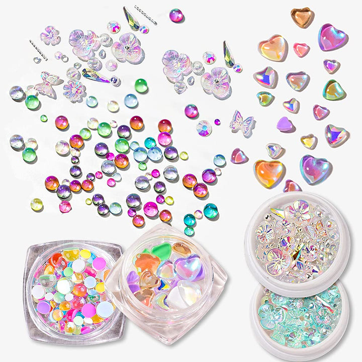 Crystal Glass Mermaid Rhinestones 3D Butterfly Flower Nail Charms Love Heart Crystal Mixed Gems Nail Rhinestones for Nail Art Decoration & DIY Crafting Design (4 boxes)