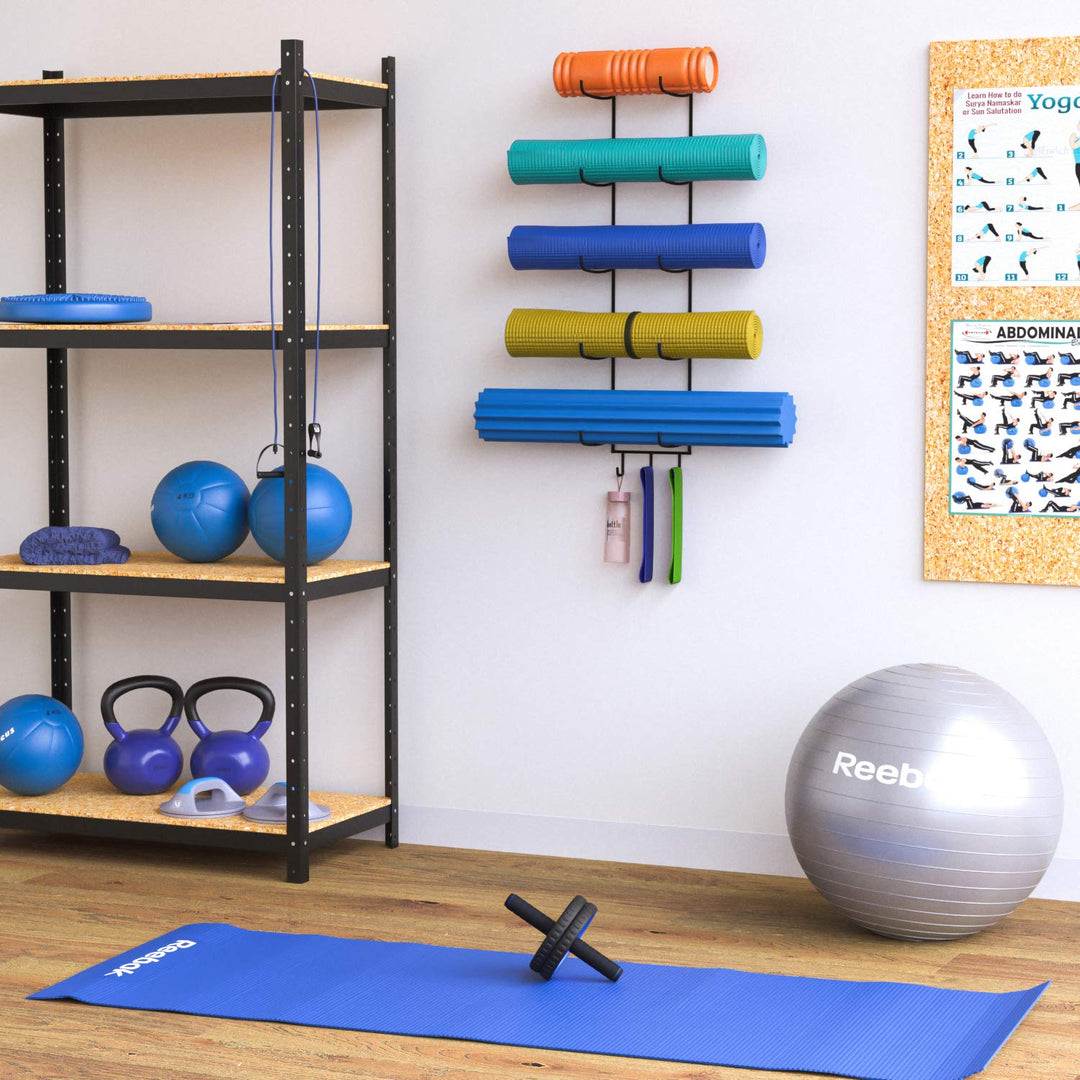 Guru Foam Roller & Yoga Mat Holder Wall Mount with 3 Hooks for Hanging Yoga Strap, Resistance Bands, 5-Sectional Metal (Black)