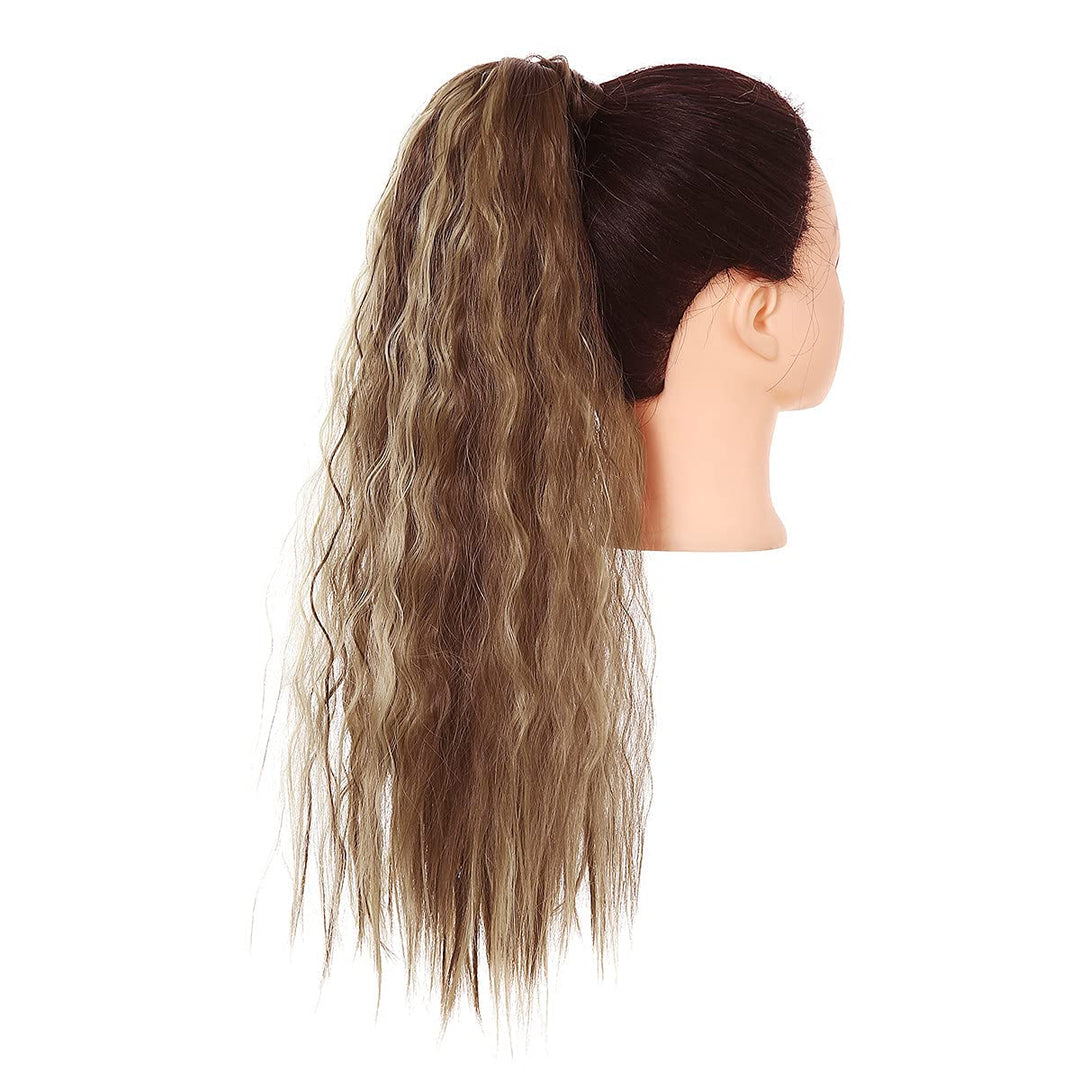 Fake Ponytail Hair Extension Curly Wavy Synthetic Wrap Around Pony Tail Hairpiece 22 Inch Long for Women Brown with Ash Blonde Highlight