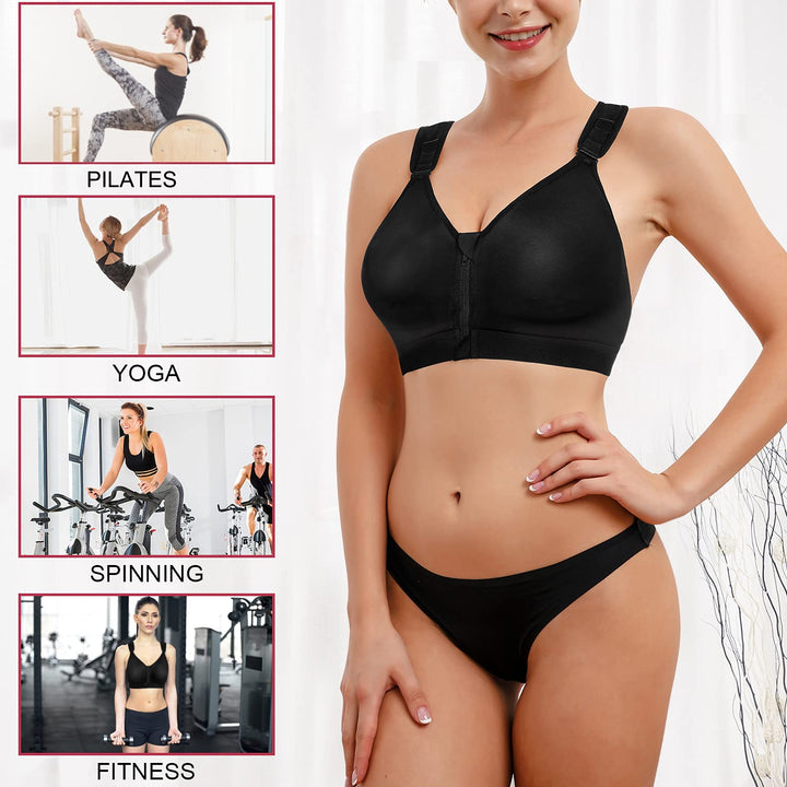 Women Post-Surgical Bra Zip Front Post Surgery Sports Bras Racerback Support Wireless Adjustable Straps (L, Black)
