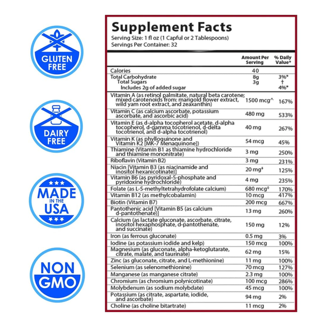 DRUCKER Labs 2.0 Organic Liquid Trace Minerals, Liquid Multivitamin for Kids, Immune Support, Non GMO, Dairy Free, Gluten Free, Magnesium, Vitamin D, C, E, Zinc, (32 oz., Fruity Raspberry)