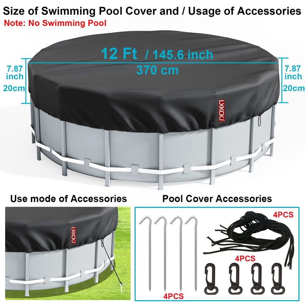 12 Ft Round Pool Cover, Solar Covers for Above Ground Pools, Summer Pool Cover Protector with Pool Cover Accessories, PE Tarp Ideal for Waterproof and Dustproof (Black)