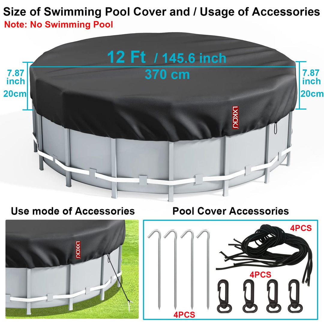 12 Ft Round Pool Cover, Solar Covers for Above Ground Pools, Summer Pool Cover Protector with Pool Cover Accessories, PE Tarp Ideal for Waterproof and Dustproof (Black)