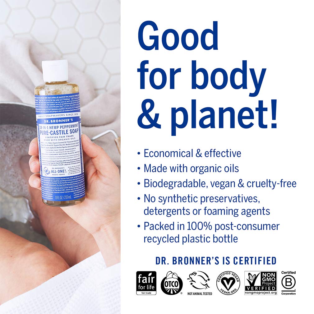 Dr. Bronner's - Pure-Castile Liquid Soap (Peppermint, 4 ounce) - Made with Organic Oils, 18-in-1 Uses: Face, Body, Hair, Laundry, Pets and Dishes, Concentrated, Vegan, Non-GMO