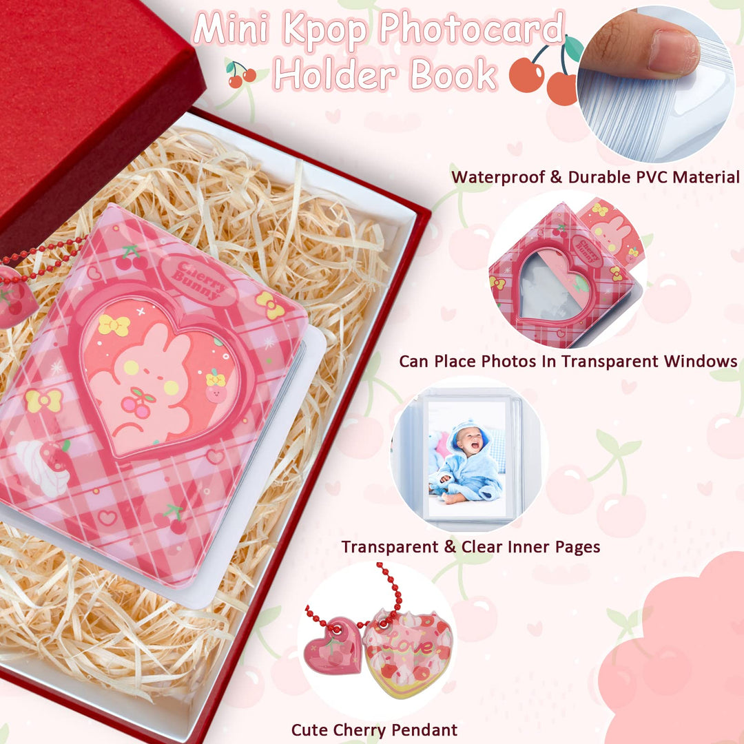 3 Inch Mini Photo Album, Kpop Photocard Holder Book 40 Pockets With Heart Cherry Pendant and Rabbit Card, Love Heart Hollow Out Photocard Binder For Collecting Picture(Red)