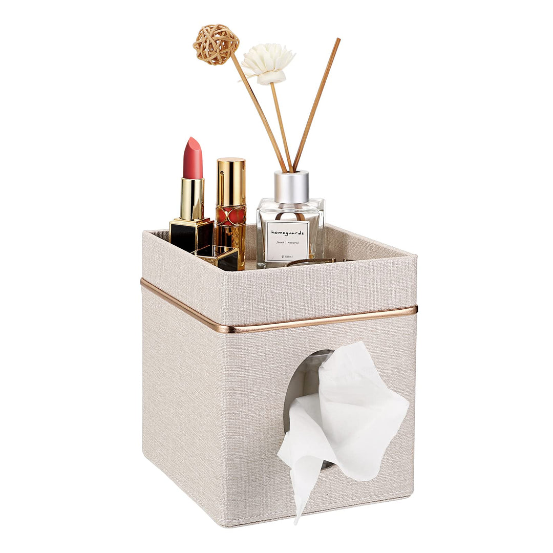 Leather Square Tissue Box Cover - Decorative Cube Tissue Box Holder with Tray, Stylish Facial Tissue Holder for Bathroom Vanity Dresser Table Home Office Bar, Marble White