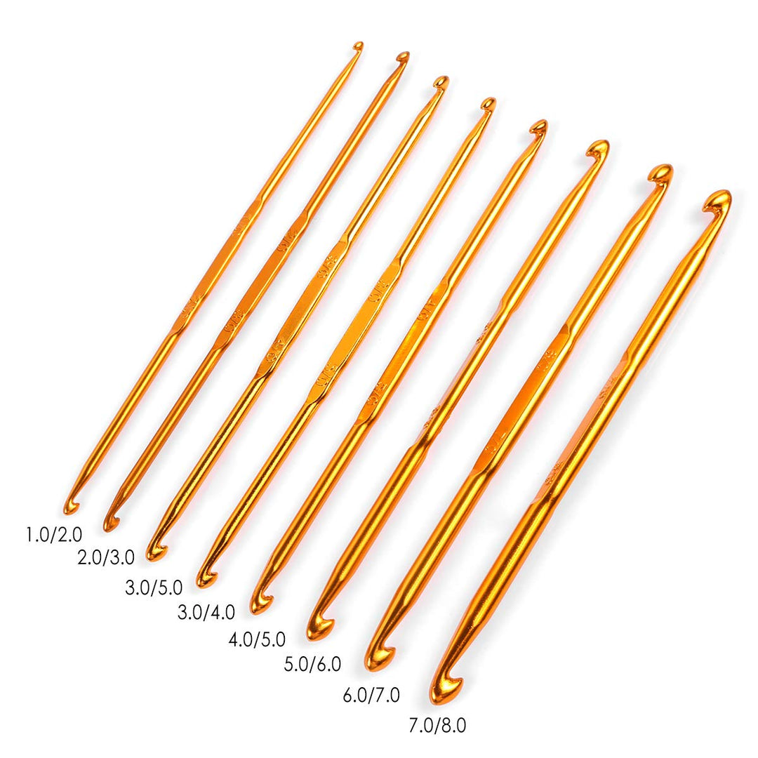 Crochet Hooks Set with Storage Case, 8PCS Double Ended Crochet Hooks Golden Aluminum Sweater Yarn Knitting Needles Weave Craft Tool Kit for DIY Sewing, 1-8mm