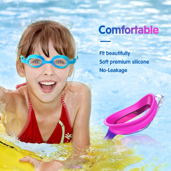 Kids Swim Goggles, 2 Pack Portable Swimming Goggles No Leaking Anti Fog Kids Goggles for Boys Girls(Age 6-14), Blue & Purple Pink