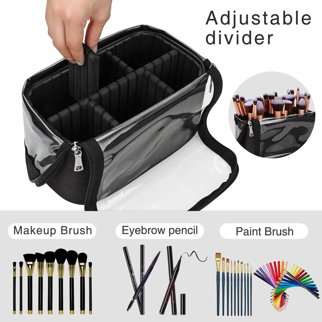 Makeup Brush Case Stand-up Makeup Cup Makeup Brush Holder Travel Professional Cosmetic Bag Artist Storage Bag Large Makeup Brush Bag with Adjustable Divider (Large, Black)