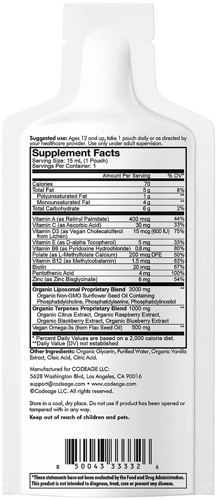 Multivitamins For Teens, Liquid Vitamin C for Teenagers, Vitamin A B6 B12 D3 E For Kids, Biotin Zinc Omega-3 Folate, Liposomal Vitamins Supplement, One Daily Sachet, Vegan, Non-GMO, 30 Pouches