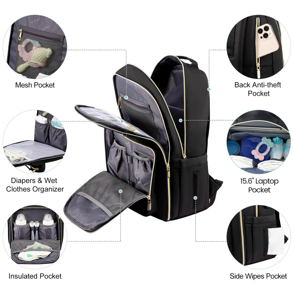 Diaper Bag Backpack, Quilted Baby Bag with Changing Pad & Pacifier Holder, Waterproof Travel Diaper Bags for Baby Boys Girls, Stylish and Large Capacity, Black