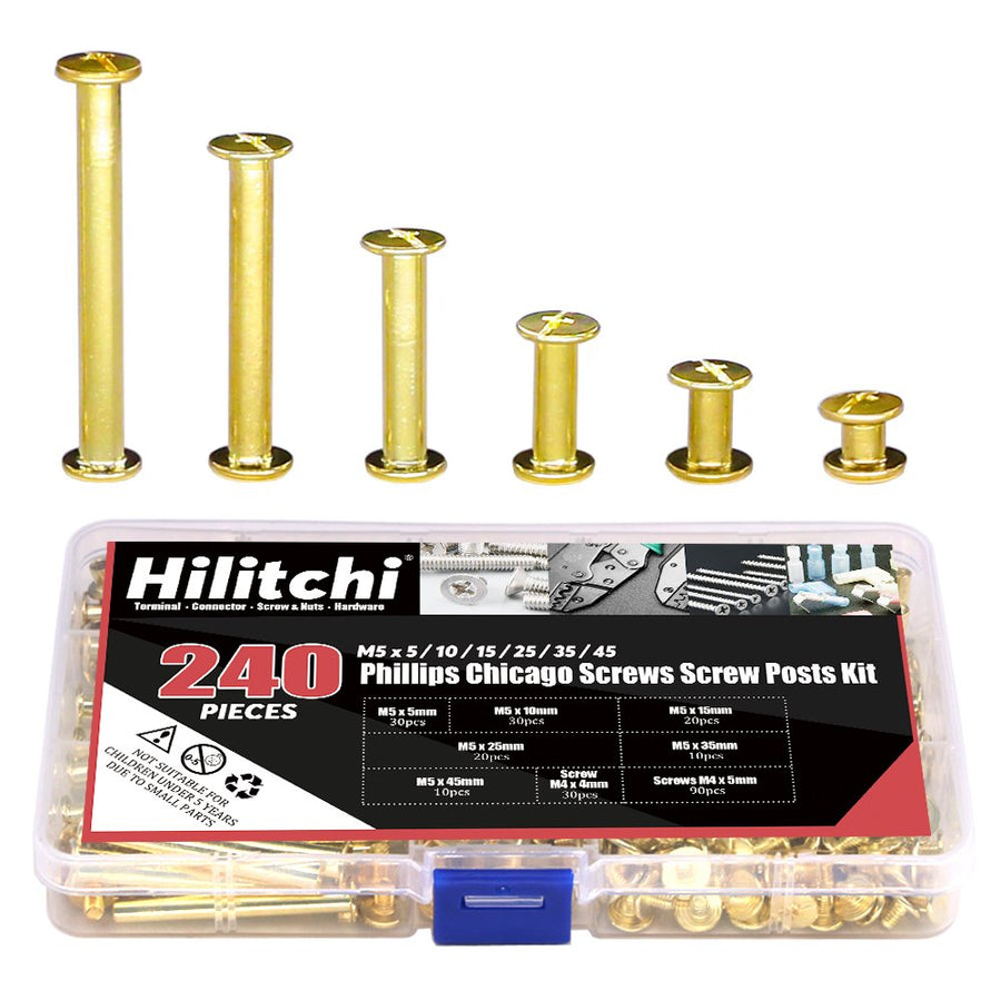50-Sets M5 Brass Plated Phillips Chicago Screw Posts Binding Screws Assortment Kit for Scrapbook Photo Albums Binding, Leather Repair - Gold (M5 x 40mm-50Sets)