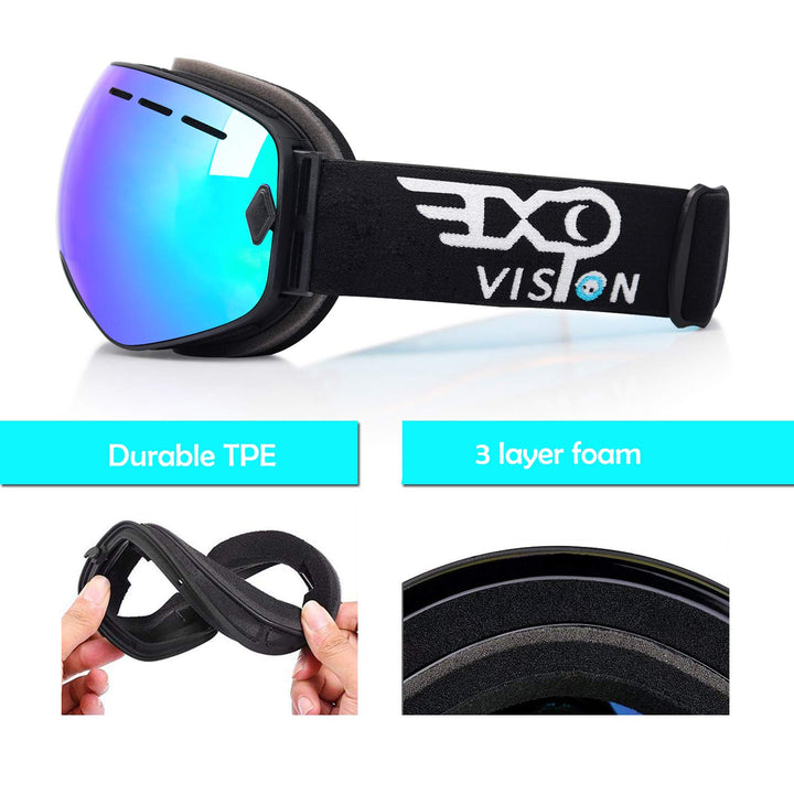 Snowboard Ski Goggles Men Women Youth, Anti Fog OTG Winter Snow Goggles Spherical Detachable Lens (Green)
