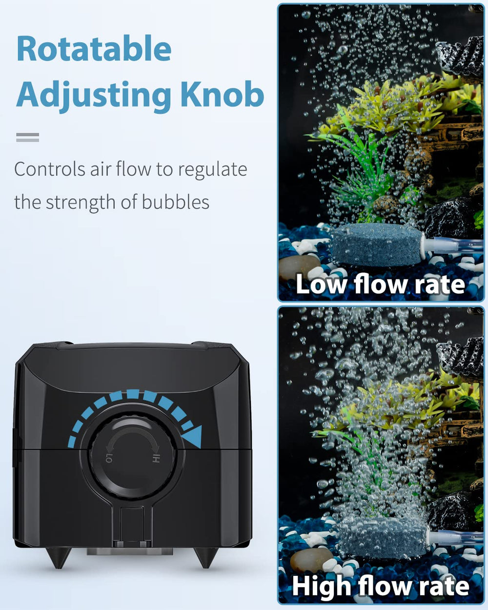 64 GPH Aquarium Air Pump with Dual Outlets Adjustable Quiet Fish Tank Air Pump with Air Stone Airline Tubing Check Valve and Connector Accessories for 10-100 Gallon Fish Tank