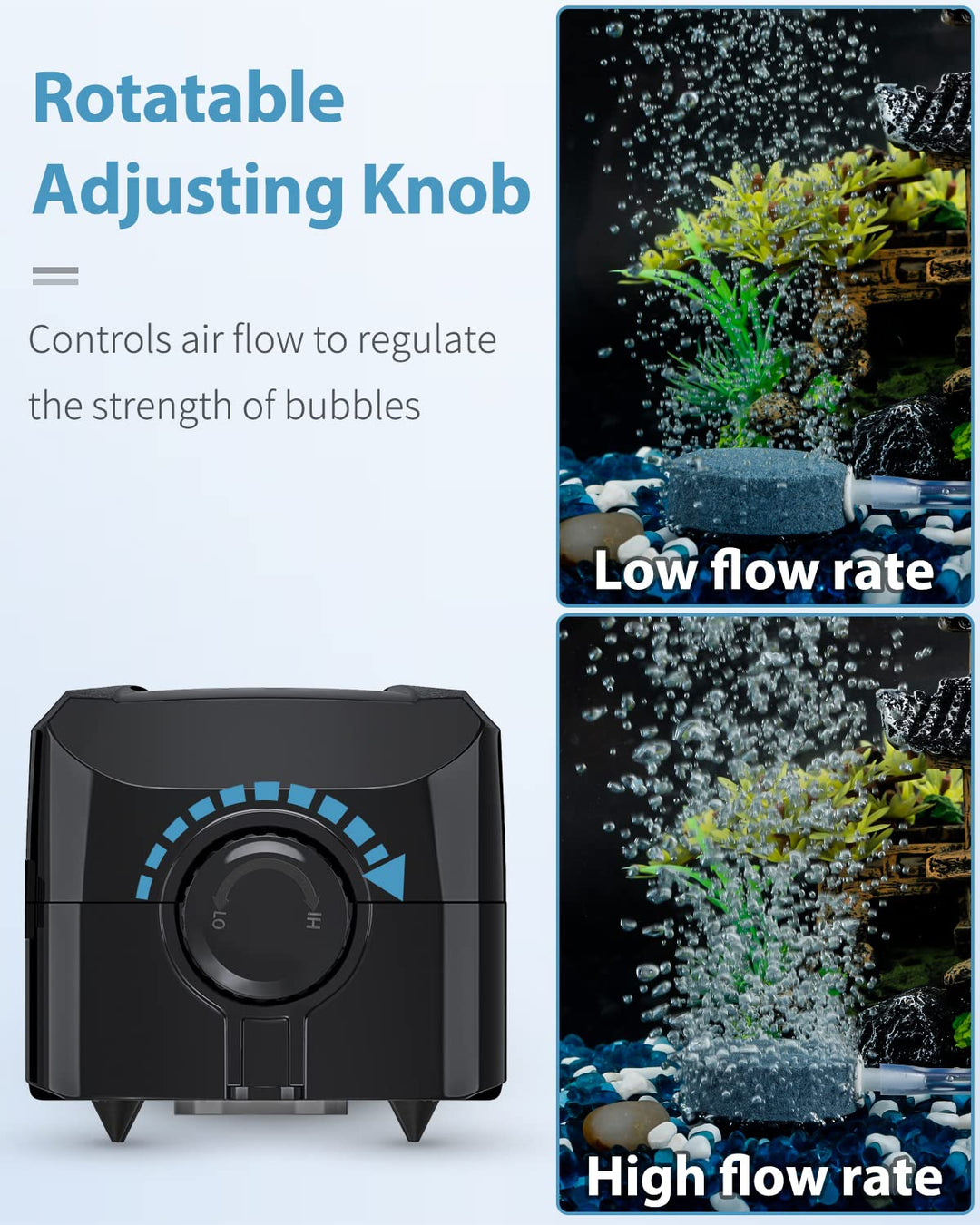 64 GPH Aquarium Air Pump with Dual Outlets Adjustable Quiet Fish Tank Air Pump with Air Stone Airline Tubing Check Valve and Connector Accessories for 10-100 Gallon Fish Tank