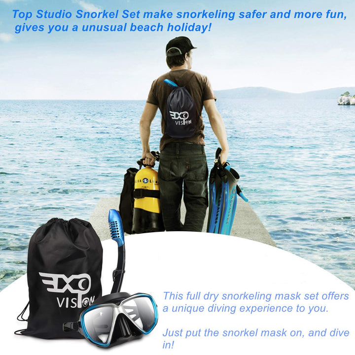 Dry Snorkel, Adult Dive Snorkel Free Breath Diving Snorkel Tube Food-Grade Silicone Mouthpiece Snorkeling Gear with Splash Guard Top Valve and Headstrap Clip for Snorkeling Swimming