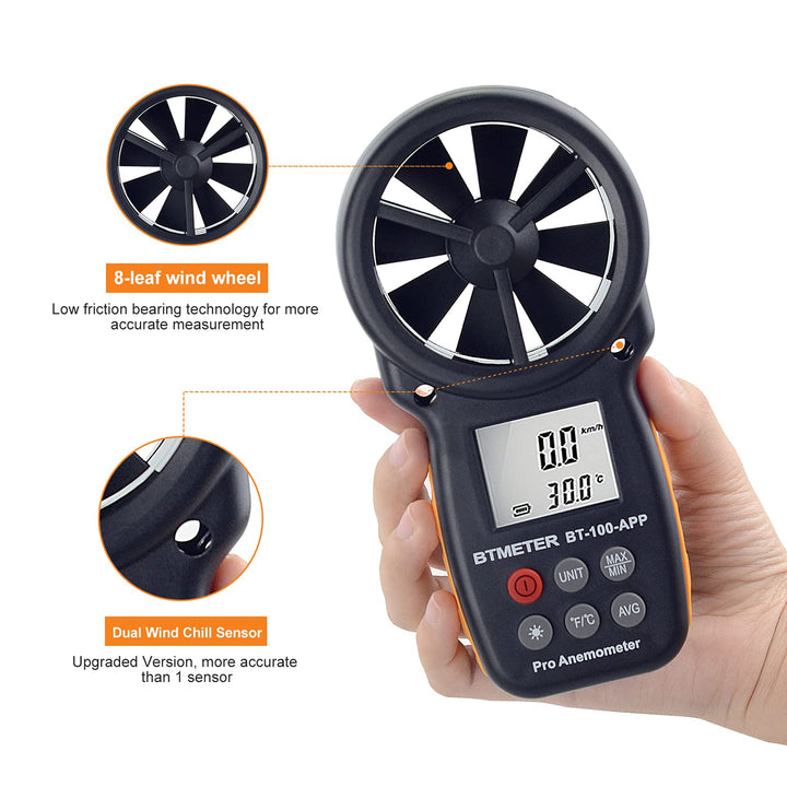 BT-100APP Anemometer w/Wireless Bluetooth, Digital Handheld Wind Speed Meter for Wind Chill, Air Velocity, Temperature, Vane Anemometer Gauge