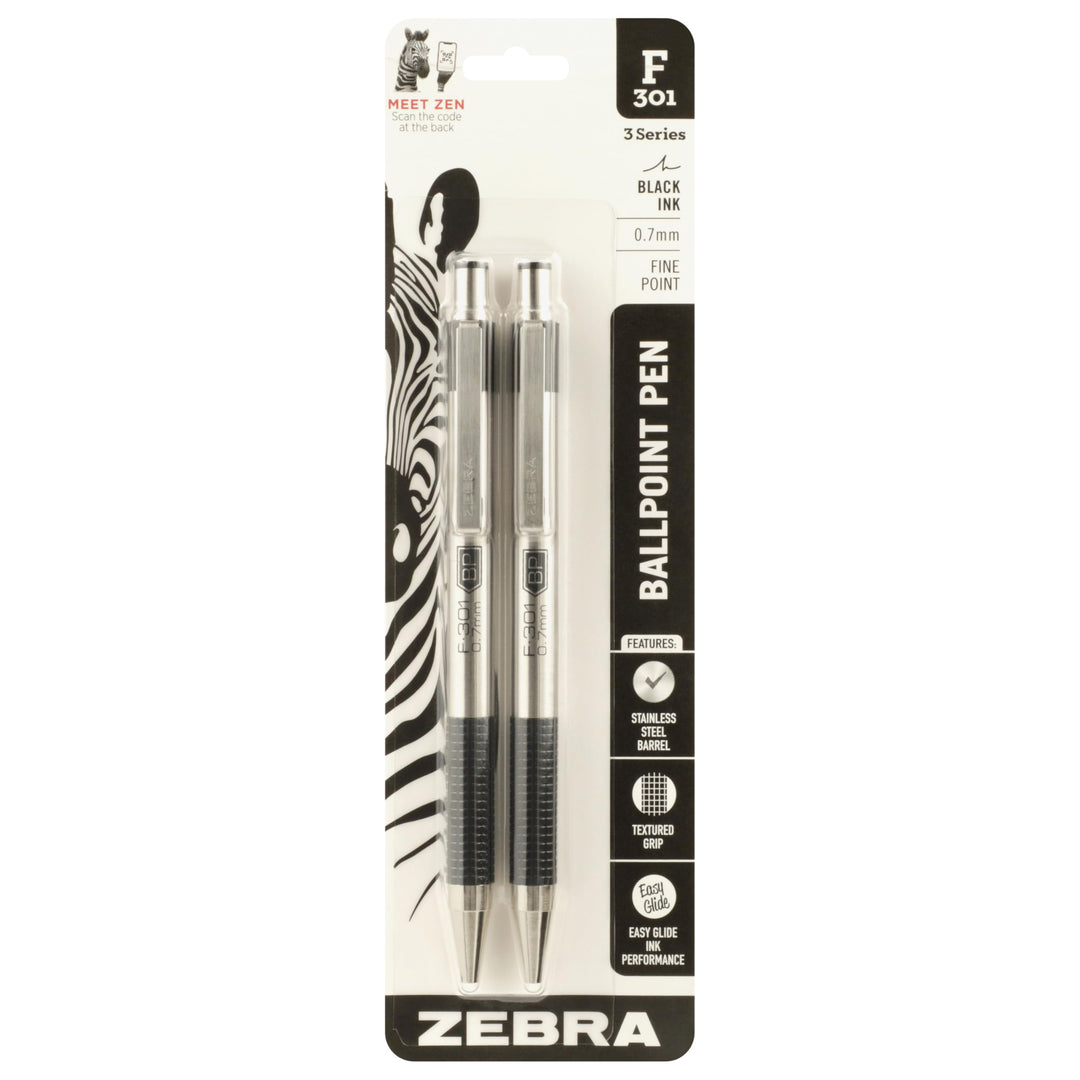 Zebra® F-301 Stainless Steel Retractable Ballpoint Pens, Fine Point, 0.7 mm, Black Ink, Pack Of 2