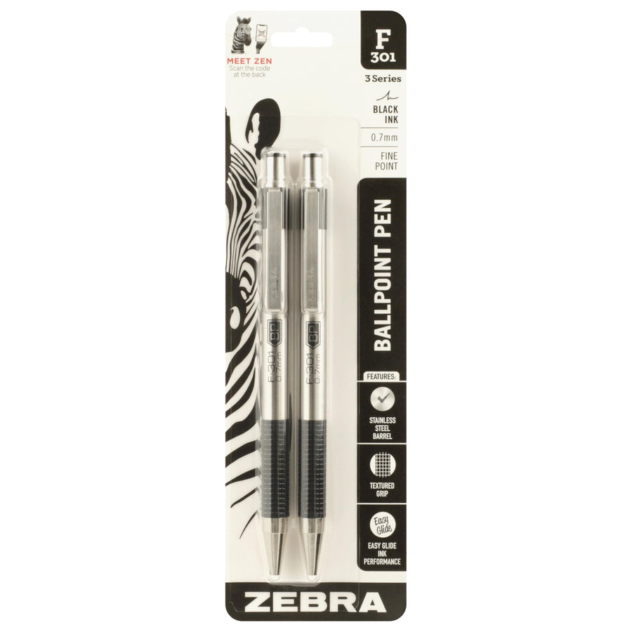 Zebra® F-301 Stainless Steel Retractable Ballpoint Pens, Fine Point, 0.7 mm, Black Ink, Pack Of 2
