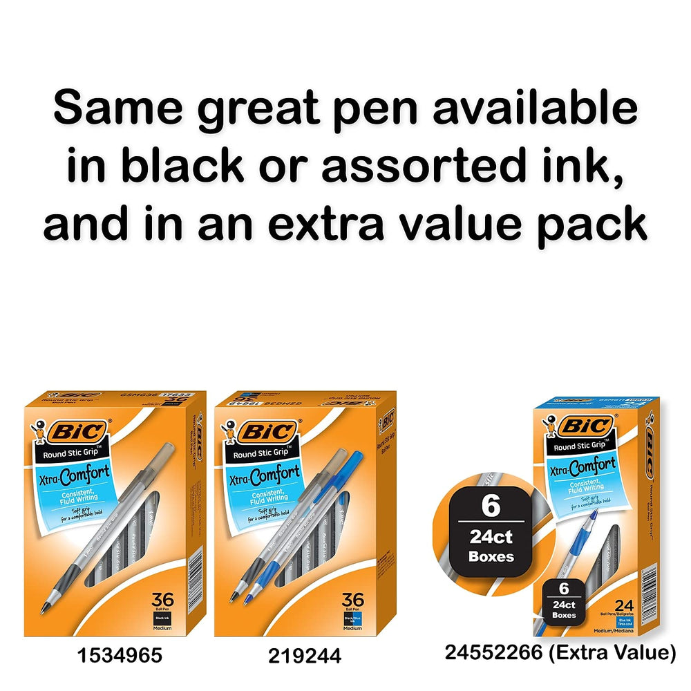 Round Stic Grip Xtra Comfort Blue Ballpoint Pens, Medium Point (1.2mm), 36-Count Pack, Excellent Writing Pens With Soft Grip for Superb Comfort and Control