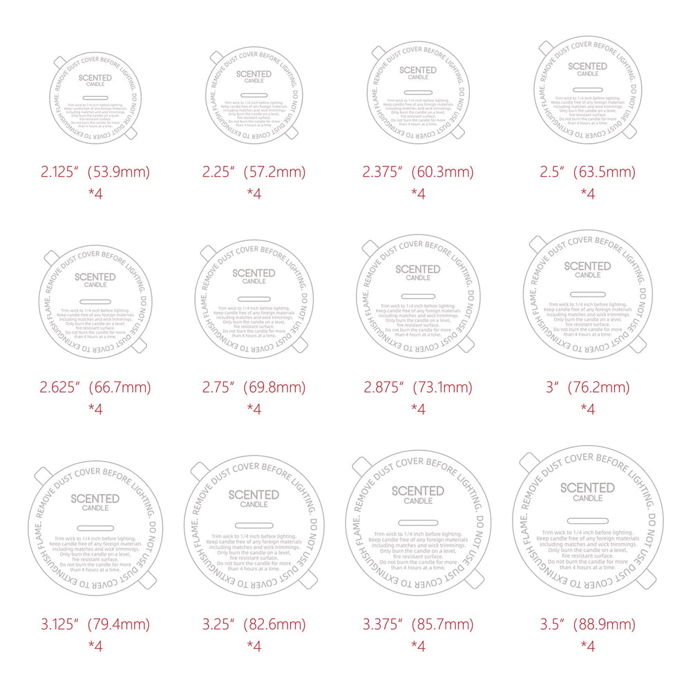 Candle Dust Covers, 48pcs Printed White Matte Candle Dust Lid with Pull Tab for Candle Making (12 Sizes)