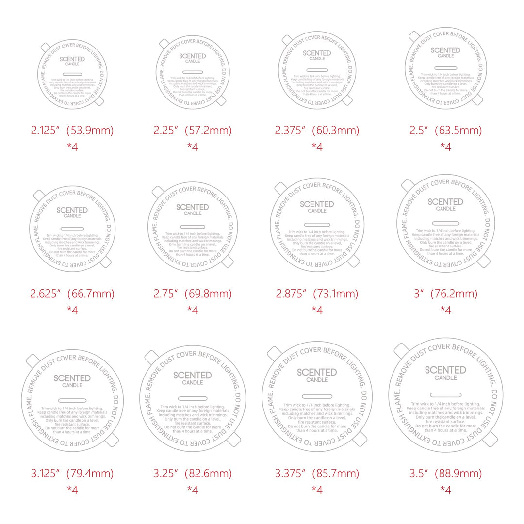 Candle Dust Covers, 48pcs Printed White Matte Candle Dust Lid with Pull Tab for Candle Making (12 Sizes)