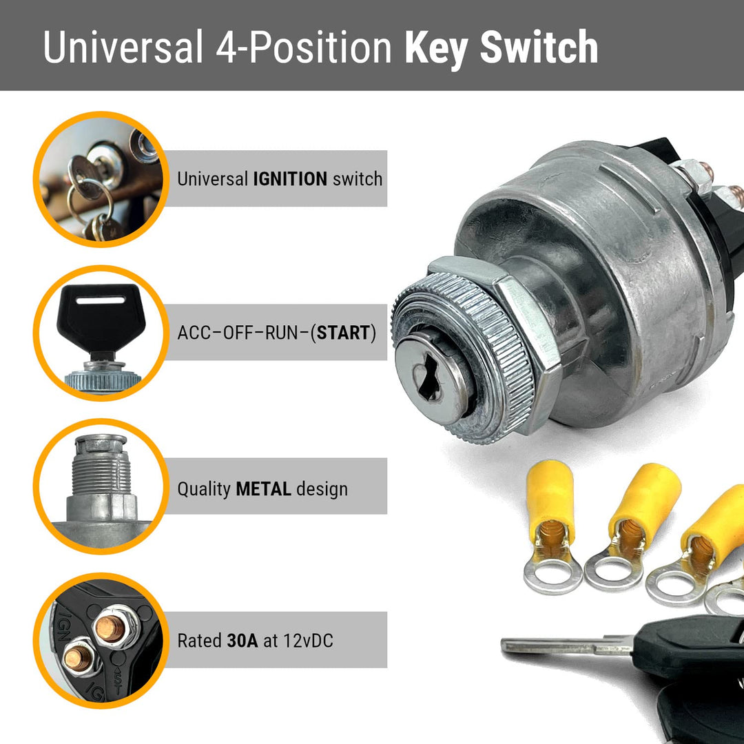 4-Position Universal Ignition Key Switch for 12V Car, Truck, Tractor, Trailer, Forklift - Acc/Off/IGN/(Start)