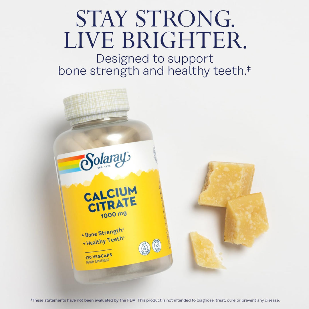 Solaray Calcium Citrate 1000mg - Chelated Calcium Supplement - Supports Bone Strength and Healthy Teeth - Easy to Digest - 60-Day Guarantee, Vegan - 30 Servings, 120 VegCaps