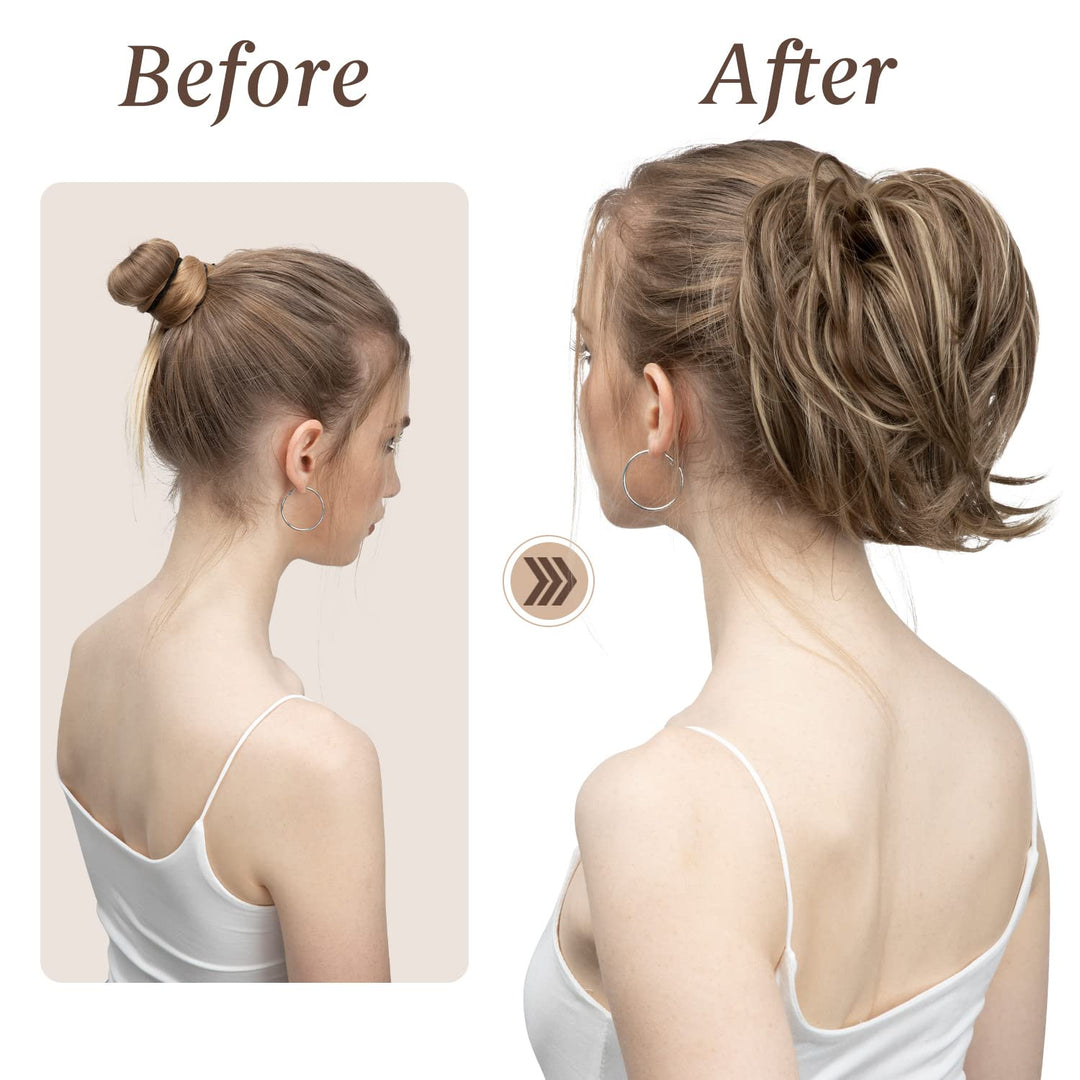 2PCS Messy Hair Bun Hair Pieces Wavy Curly Synthetic Updo Fake Scrunchies Ponytail Extension for Women Chestnut Brown