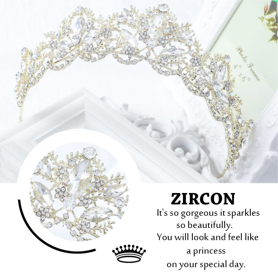 Wedding Hair Accessories Bride Crowns Flower Queen Tiaras Headpiece for Women (Gold)