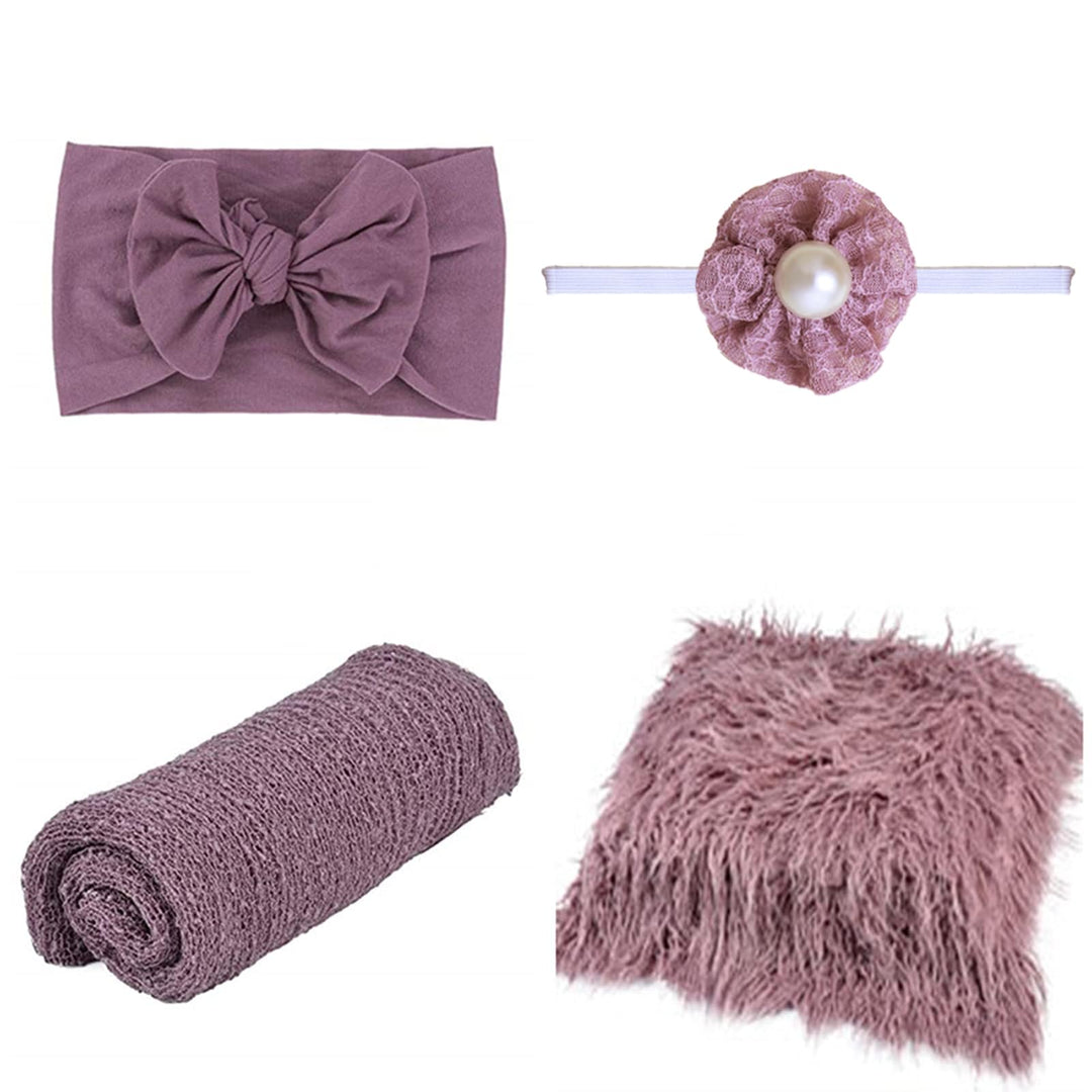4 Pcs Newborn Photography Props Outfits- Baby Long Ripple Wrap and Toddler Swaddle Blankets Photography Mat with Cute Headbands for Infant Boys Girls(0-12 Months) (Purple)