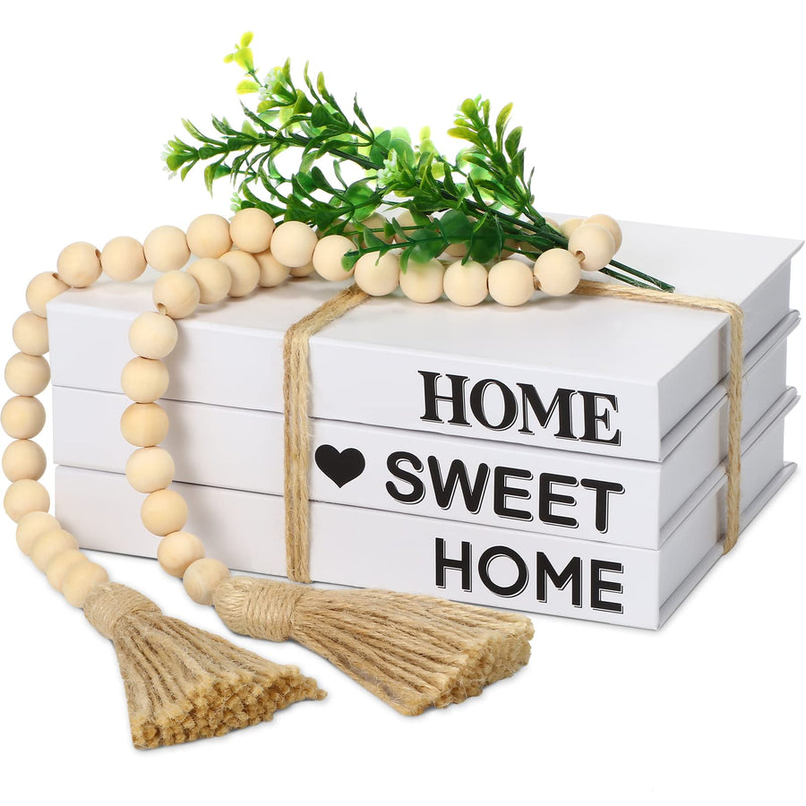 3 Pieces White Decorative Books Modern Farmhouse Stacked Books Stacks Faux Paper Books with Wood Bead Linen Decor for Home Coffee Tables (Chic Style)