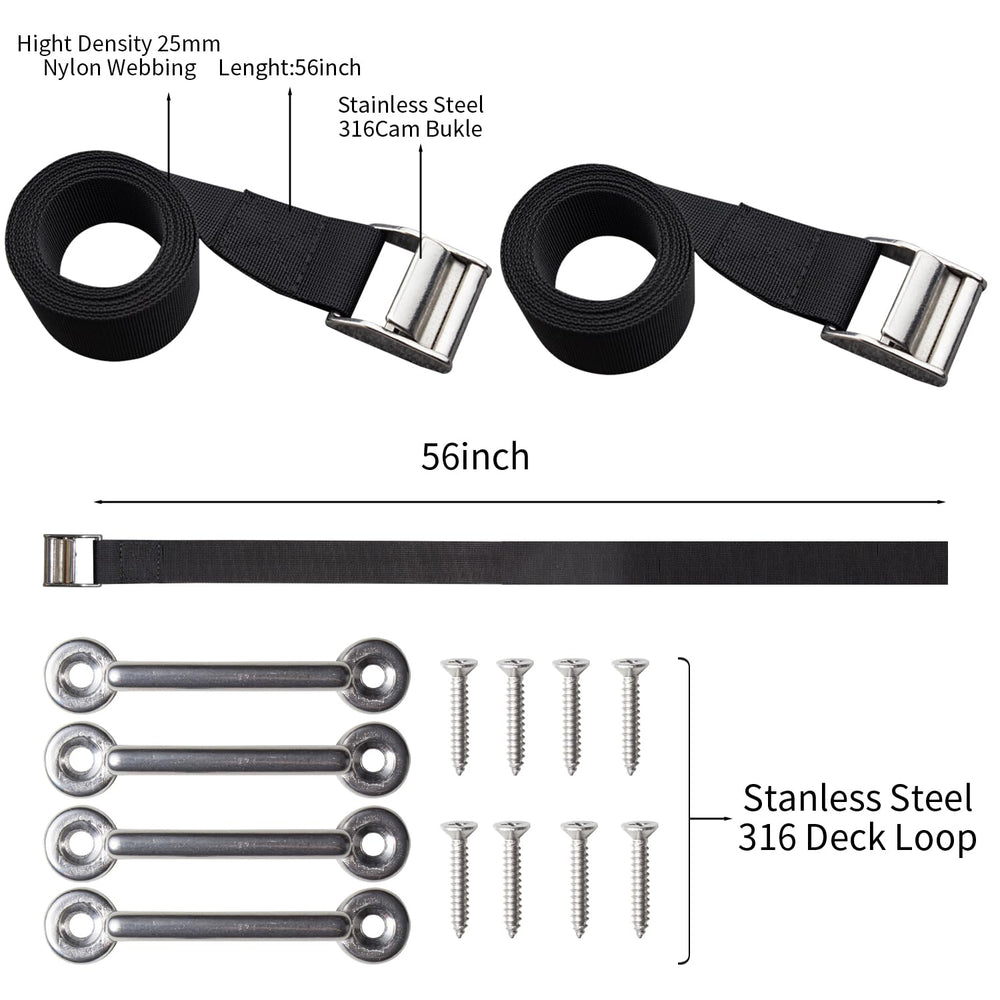 56 Battery Tie Down Strap Kit Battery Hold Down Strap with Stainless Steel 316 Cam Buckle, 4 Stainless Steel 316 Eye Strap Mounts, 8 SS Screws (2 Pack)