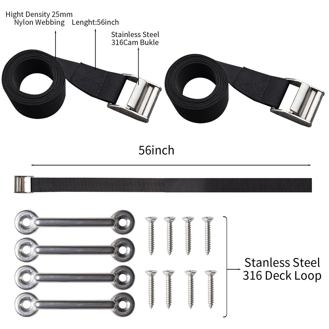 56 Battery Tie Down Strap Kit Battery Hold Down Strap with Stainless Steel 316 Cam Buckle, 4 Stainless Steel 316 Eye Strap Mounts, 8 SS Screws (2 Pack)