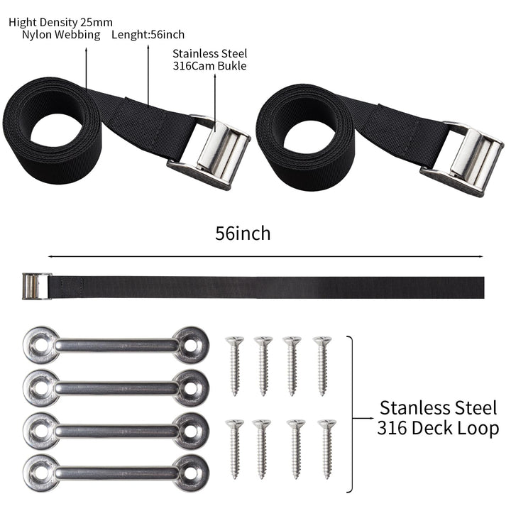 56 Battery Tie Down Strap Kit Battery Hold Down Strap with Stainless Steel 316 Cam Buckle, 4 Stainless Steel 316 Eye Strap Mounts, 8 SS Screws (2 Pack)