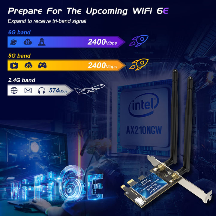 WiFi 6E PCIe WiFi Card AX210NGW Bluetooth 5.2 AX5400M 802.11ax Tri-Band 6G/5.8G/2.4GHz 6dBi Antenna PCIE Wireless Network Cards for Desktop PC Support Windows 11/10 64-bit