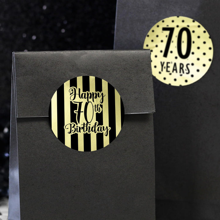 Black and Gold 70th Birthday Favor Stickers, 1.75 in - Shiny Foil - 40 Labels
