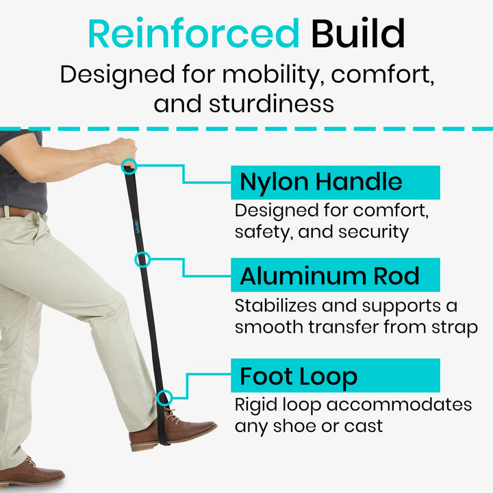 Leg Lifter Strap by Vive - Rigid Foot Loop & Hand Grip for Adult, Senior, Elderly, Handicap, Disability & Pediatrics - Long Band Mobility Aid for Car, Bed, Couch, Hip Replacement & Wheelchair