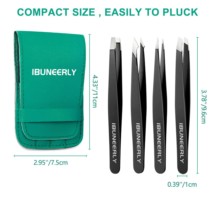 Tweezers Set, 4Pcs Tweezers for Women with Travel Case, Professional Stainless Steel Eyebrows Tweezers, Great Precision Tweezers for Ingrown Hair, Facial Hair, Splinter Removal (Black)