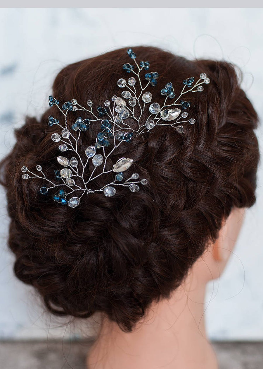 FXmimior Bridal Women Blue Vintage Wedding Party Hair Pins Crystal Hair Accessories( pack of 2)