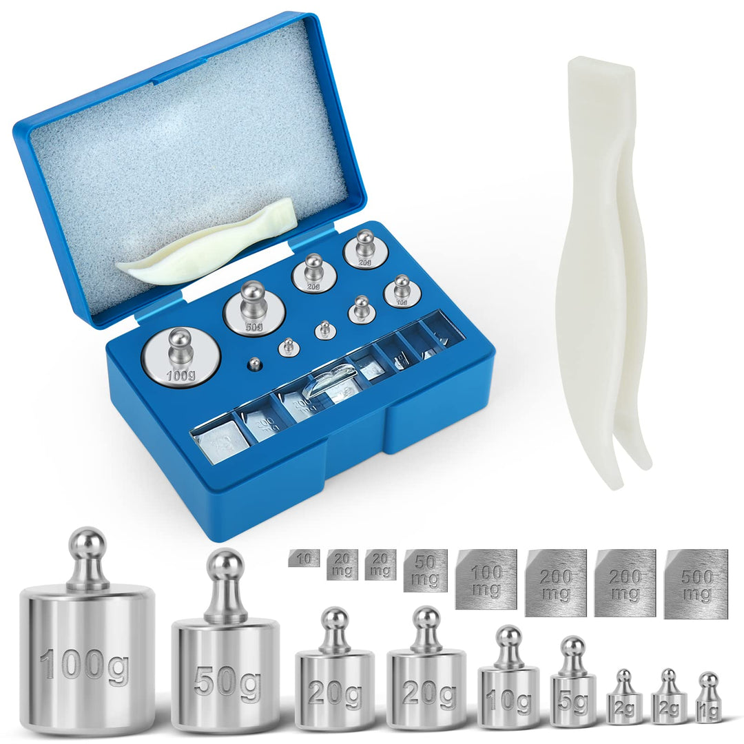 17 Pcs Scale Calibration Weight Kit, 10mg - 100g Precision Steel Calibration Weights, with Tweezers and Case for Digital Jewellery Scale Science Lab Weights Educational