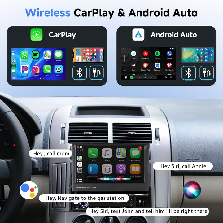 Podofo Upgrade Wireless CarPlay Single Din Radio 7 Inch Flip Out Touchscreen Car Stereo with Wireless Android Auto Bluetooth Mirror Link AM/FM USB Car Play Car Audio Receiver HD Backup Camera