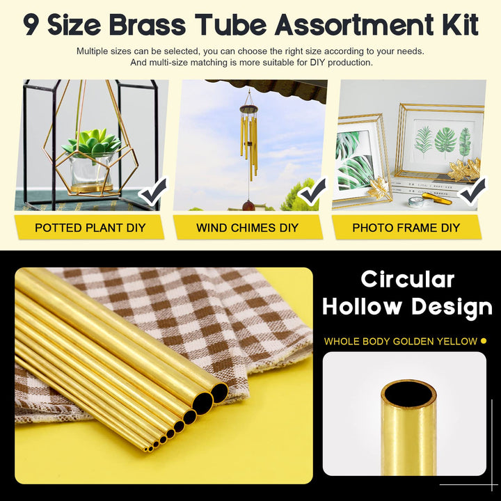 9 Pcs 9 Sizes Brass Round Tube Set, 2mm 2.5mm 3mm 3.5mm 4mm 5mm 6mm 8mm 9mm OD x 0.5mm Wall Thickness 300mm Length High Strength Seamless Straight Pipe Tubing for Hobby Model