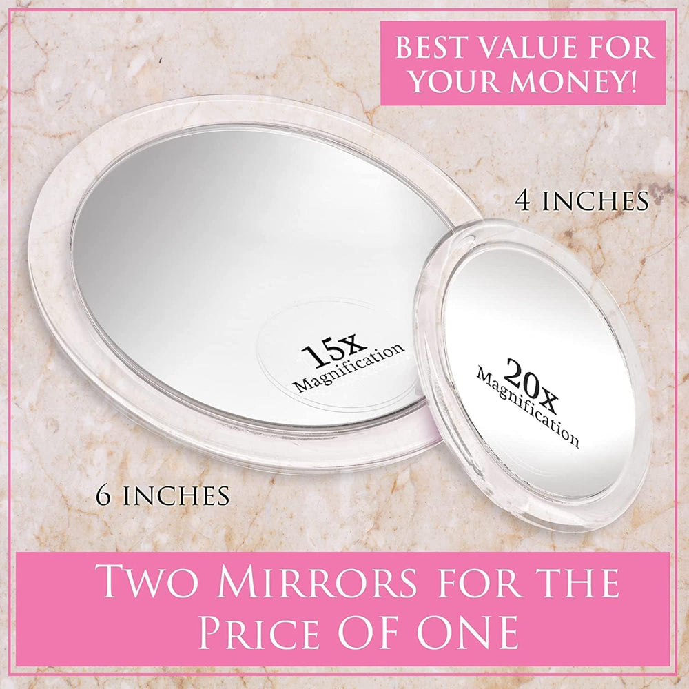 20X & 15X Magnifying Mirror Set with 3 Suction Cups Each - Compact & Travel Ready Mirror for Makeup - Sizes: 6 and 4 Wide