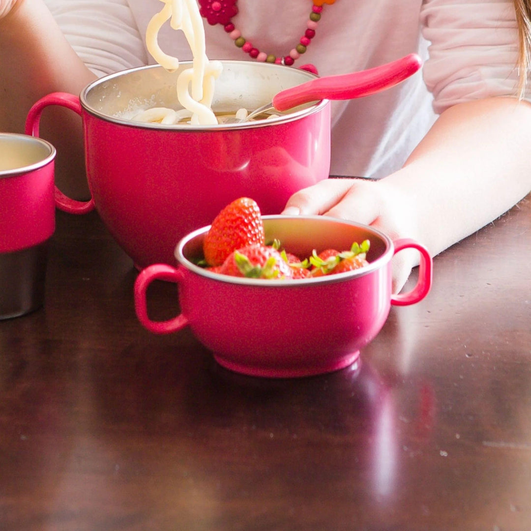 Din Din Smart Stainless Steel 11 oz Feeding Bowl with Handles for Babies, Toddlers and Kids. BPA Free, Pink