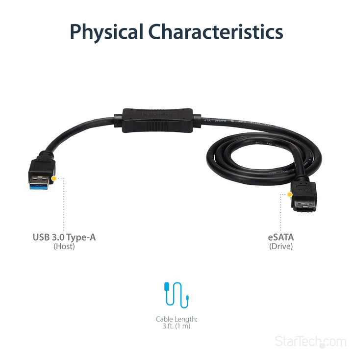 3 ft USB 3.0 to eSATA Adapter - 6 Gbps USB to HDD/SSD/ODD Converter - Hard Drive to USB Cable (USB3S2ESATA3)