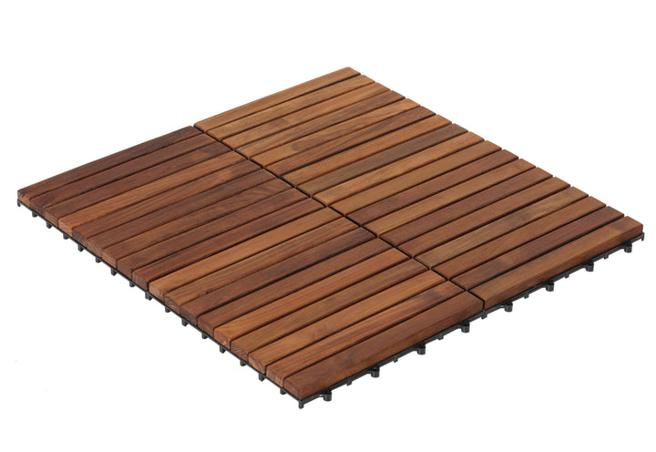 EZ-Floor Interlocking Flooring Tiles in Solid Teak Wood Oiled Finish (Set of 10), Long 9 Slat