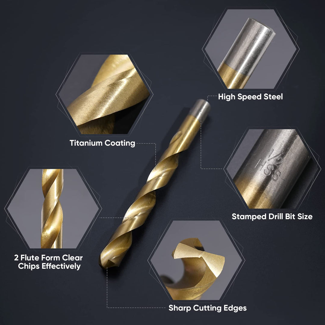 99PCS Titanium Coated Drill Bit Set, 135 Degree Tip HSS Bits Kit with Storage Case for Aluminum, Copper, Soft Alloy Steel, Wood, Plastic Size from 1/16 to 3/8