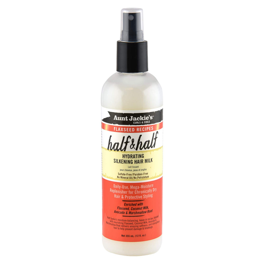 Flaxseed Recipes Half & Half, Hydrating Silkening Hair Milk, For Daily Use, Enriched with Flaxseed, Coconet, Jojoba Oil, Shea Butter, Grapeseed and Ginseng, 12 Ounce Spray Bottle