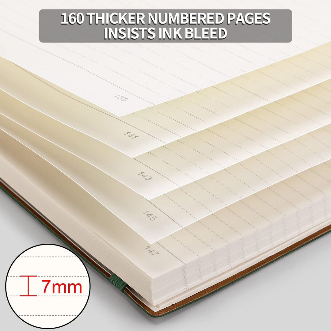 Notebook College Ruled - 320 Numbered Pages Large B5 Thick Journal Lined Notebook for Work, 100gsm Thick Paper, Leather Softcover, for Women Men Work School, 7.6'' X 10''-Green